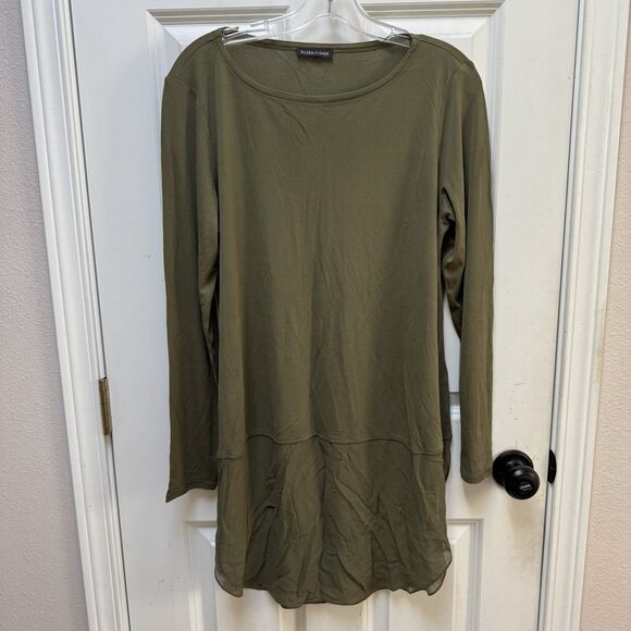 Eileen Fisher Top Womens Med Green Silk Tunic Pullover Long Sleeve Lightweight - Picture 1 of 7
